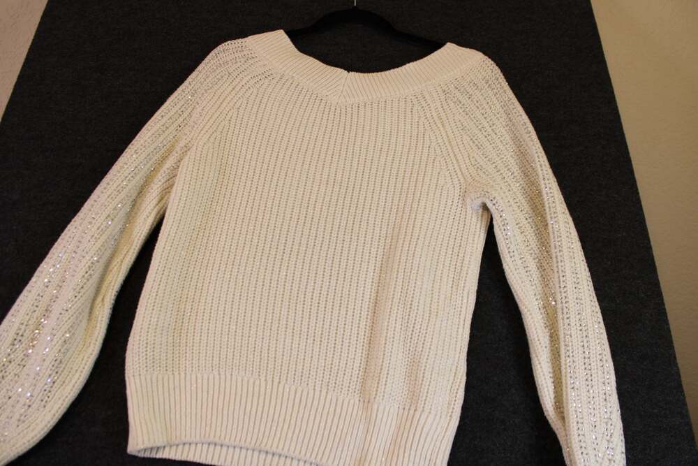 White Ribbed Knit Long Sleeve Pullover Sweater with rhinestone detail